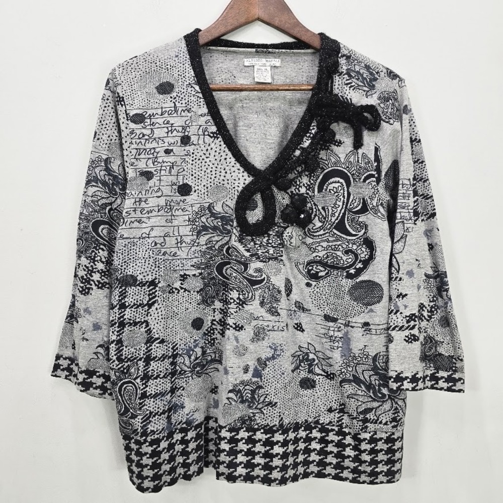 Vtg 90s Y2K Alberto Makali Top XL Gray Paisley 3/4 Sleeve Wool Blend Embellished